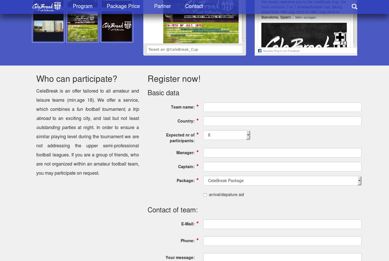 Webseite des CeleBreak Cup: Teilnehmerregistrierung