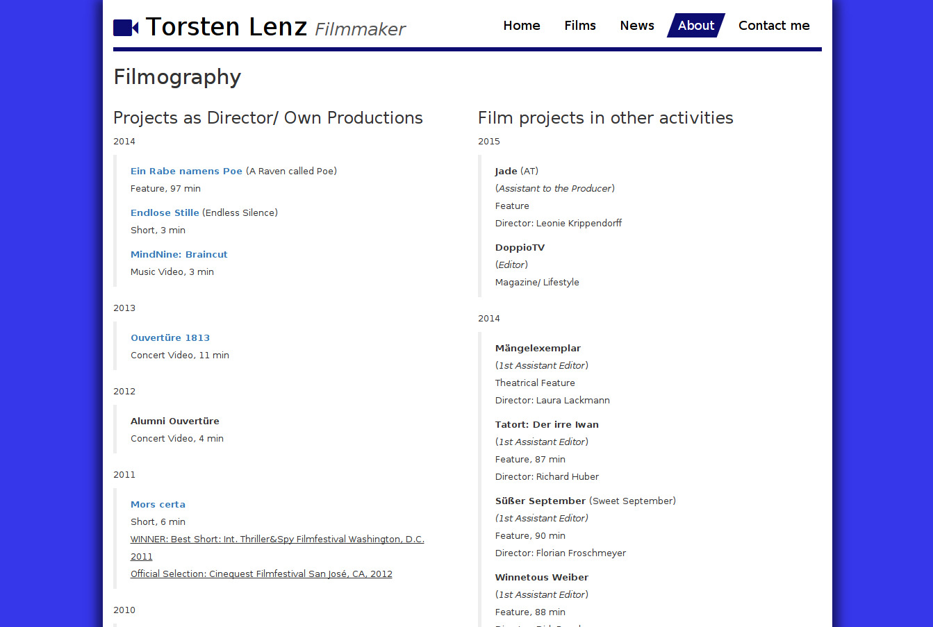 Webseite von Filmemacher Torsten Lenz: Zweispaltige Filmographie