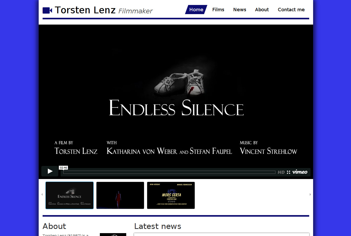Webseite von Filmemacher Torsten Lenz: Startseite mit Videoplayer