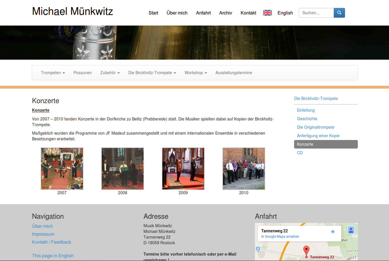 Webseite von Trompetenmacher Michael Münkwitz: Seite mit Untermenü