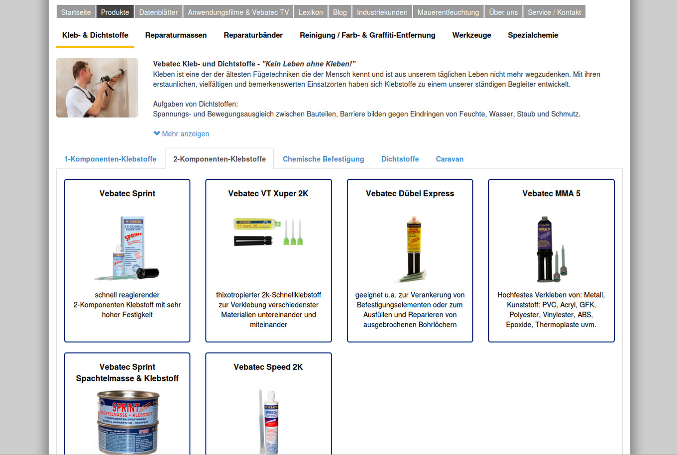 Webseite der Vebatec GmbH: Produktkatalog